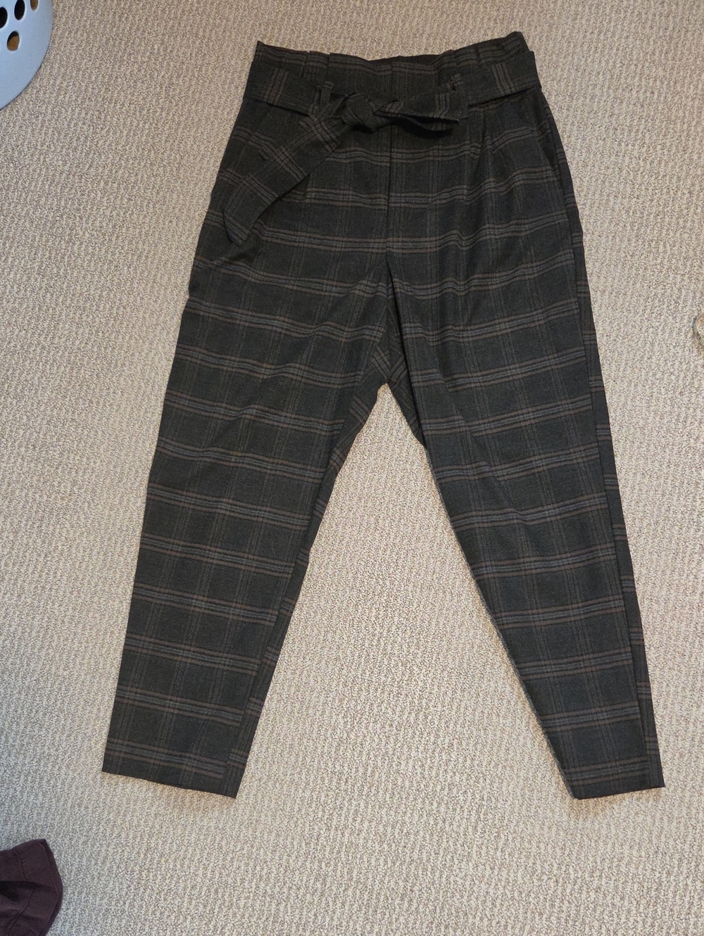 High-Waist Plaid Paperbag Trousers - Dark Gray with Subtle Brown Stripes